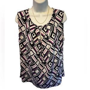 Calvin Klein Geometric Sleeveless Blouse Black Purple Print Women’s XL Top